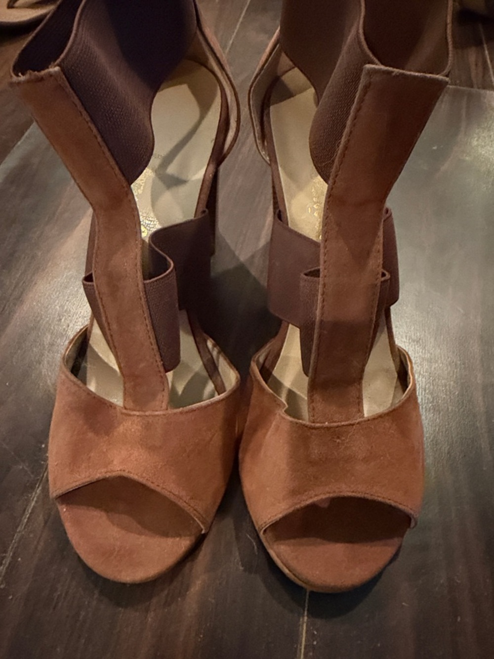 Suede Brown T-Strap Open-Toe Heeled Sandals